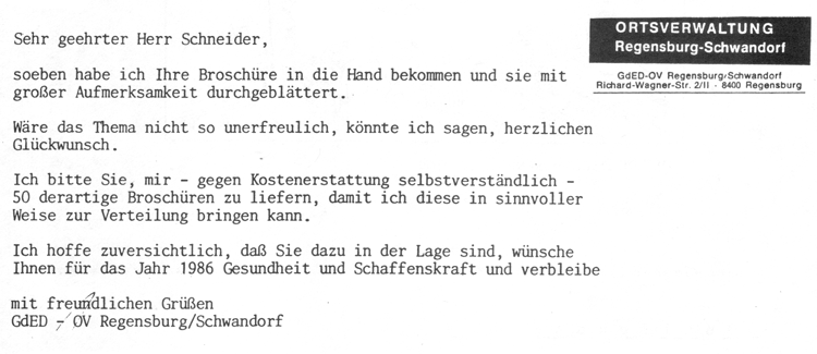 Brief von der  GdED ORTSVERWALTUNG Regensburg-Schwandorf