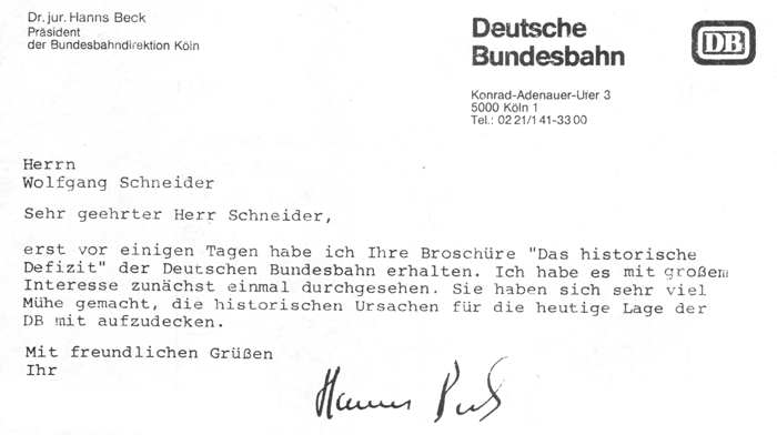 Brief von Dr. Hanns Beck - Präsident der Bundesbahndirektion Köln