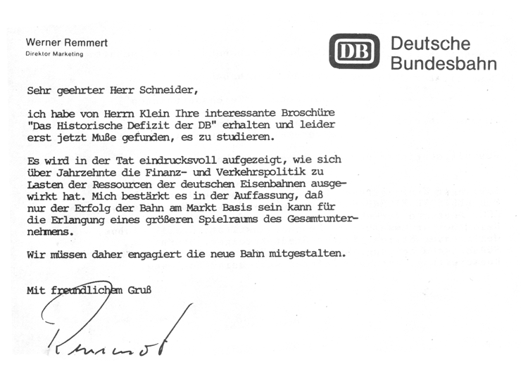 Brief von Werner Remmert - Direktor Marketing - DEUTSCHE BUNDESBAHN